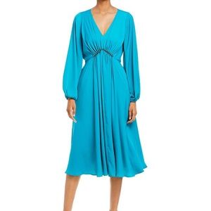Kobi Halperin Portia Gathered Long Sleeve Hammered Satin Blue Midi Dress size M
